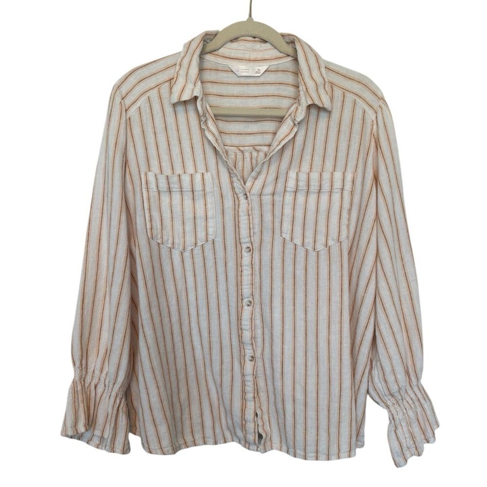 Lauren Conrad Button Down Stripe White Yellow Boho Linen Blend Top XL